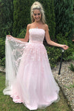 A-Linie trägerloses Abendkleid aus Tüll mit rosa Applikationen und Perlenstickerei TP1168