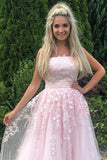 A Line Strapless Tulle Pink Appliques Prom Dress With Beading TP1168 - Tirdress