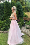 A Line Strapless Tulle Pink Appliques Prom Dress With Beading TP1168 - Tirdress
