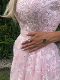 A Line Strapless Tulle Pink Appliques Prom Dress With Beading TP1168 - Tirdress