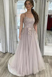 A Line Tulle Lace Appliques Long Floor Length Formal Prom Dresses TP1162