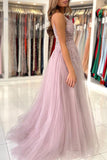 A Line V Neck Blue Tulle Long Prom Dresses Evening Dress With Beading TP1014 - Tirdress