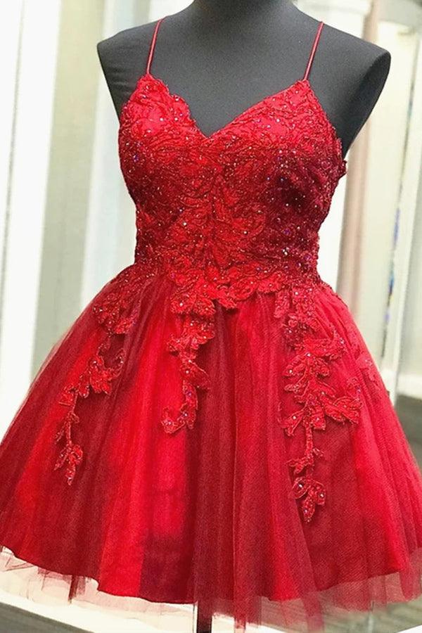 A Line V Neck Short Backless Red Lace Prom Dresses Homecoming Dresses US2 / As Picture