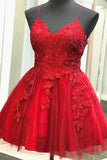 A Line V Neck Short Backless Red Prom Dresses Homecoming Dresses HD0150
