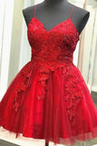 A Line V Neck Short Backless Red Prom Dresses Homecoming Dresses HD0150 - Tirdress