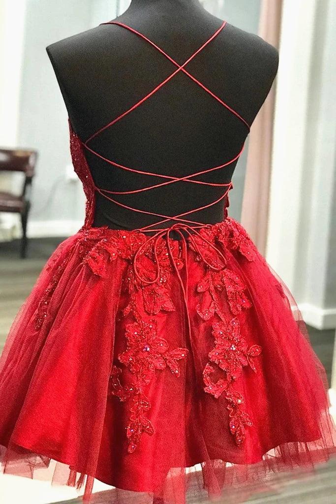 A Line V Neck Short Backless Red Lace Prom Dresses Homecoming Dresses US2 / As Picture A Line V Neck Short Backless Red Lace Prom Dresses Homecoming Dresses US2 / As Picture