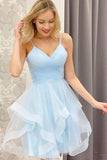 A Line V Neck Short Blue Prom Dresses Tulle Homecoming Dresses HD0162