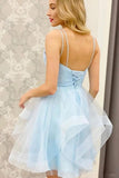 A Line V Neck Short Blue Prom Dresses Tulle Homecoming Dresses HD0162 - Tirdress