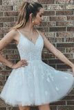 A Line V Neck Short White Lace Prom Dresses Homecoming Dresses HD0149