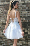 A Line V Neck Short White Lace Prom Dresses Homecoming Dresses HD0149 - Tirdress