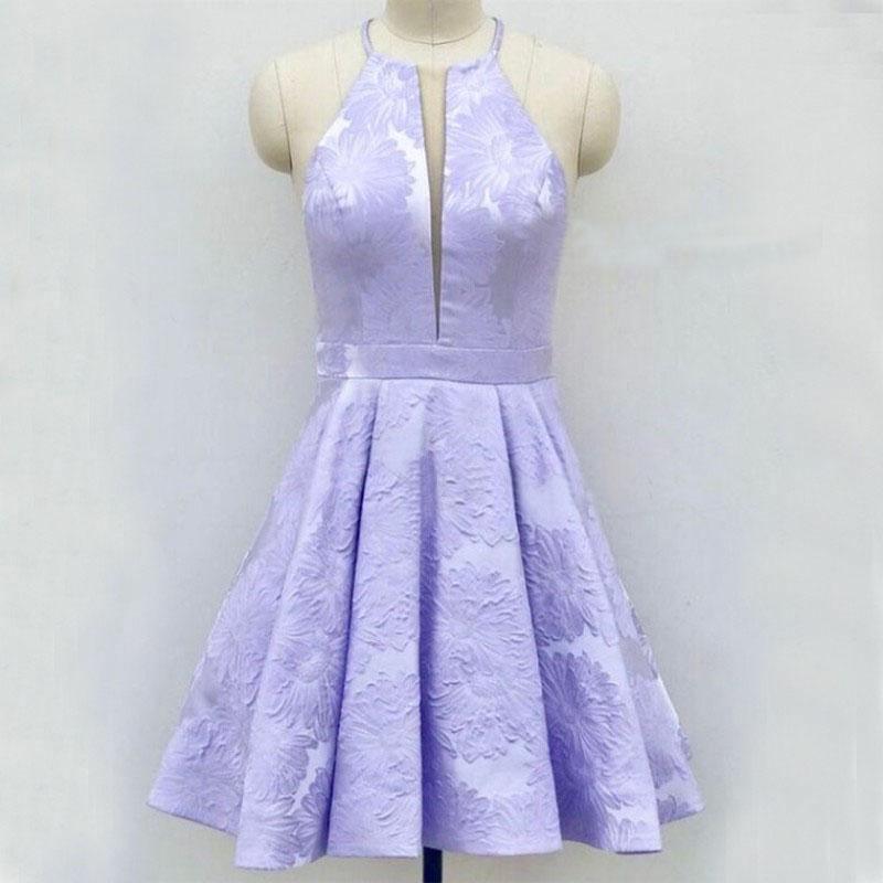 A-Line Above-Knee Lilac Satin Printed Homecoming Dress with Pockets HD0019 - Tirdress