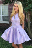 A-Line Above-Knee Lilac Satin Printed Homecoming Dress with Pockets HD0019