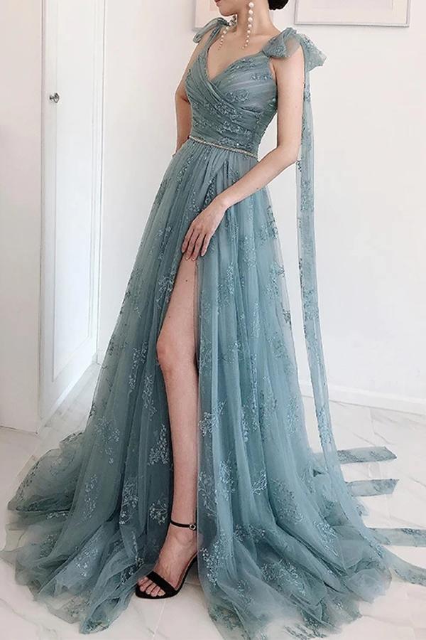 A-Line Bow Tie Straps Party Dress Lace High Split Prom/Formal Dress US18 / Custom Color A-Line Bow Tie Straps Party Dress Lace High Split Prom/Formal Dress US18 / Custom Color
