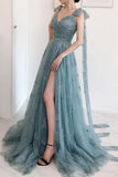 A-Line Bow Tie Straps Party Dress Lace High Split Prom/Formal Dress TP0979 - Tirdress