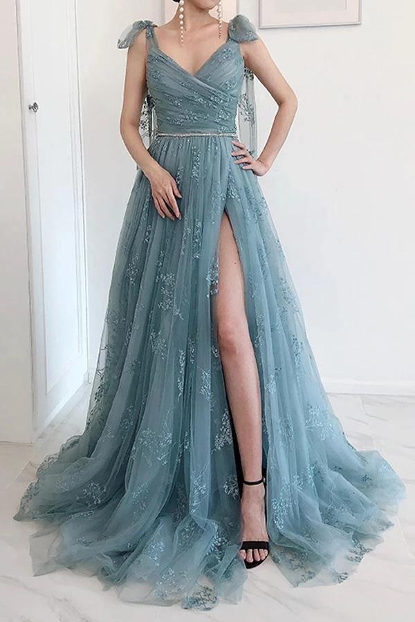 A-Line Bow Tie Straps Party Dress Lace High Split Prom/Formal Dress US18 / Custom Color A-Line Bow Tie Straps Party Dress Lace High Split Prom/Formal Dress US18 / Custom Color