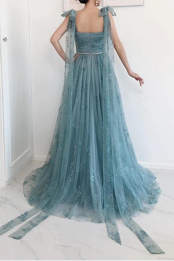 A-Line Bow Tie Straps Party Dress Lace High Split Prom/Formal Dress US18 / Custom Color A-Line Bow Tie Straps Party Dress Lace High Split Prom/Formal Dress US18 / Custom Color
