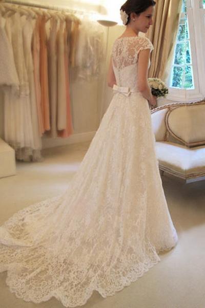 2018 A-Line Cap Sleeve Lace Long Custom Wedding Dress TN0096 - Tirdress