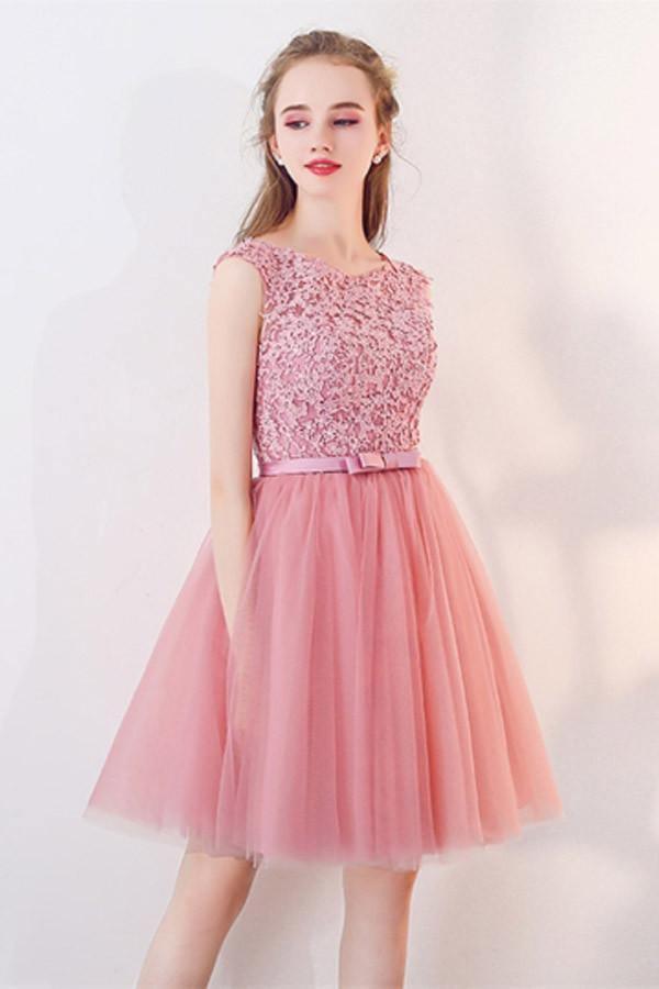 A-Line Cap Sleeves Appliques Bowknot Crystal Sashes Homecoming Dress PG154 - Tirdress