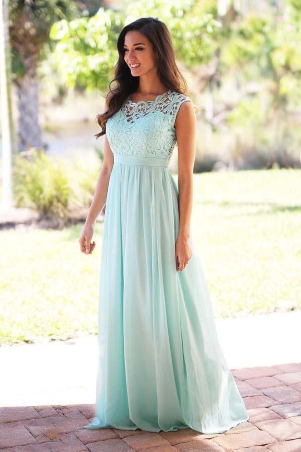 A-Line Crew Floor-Length Mint Chiffon Bridesmaid Dress with Lace BD039 - Tirdress