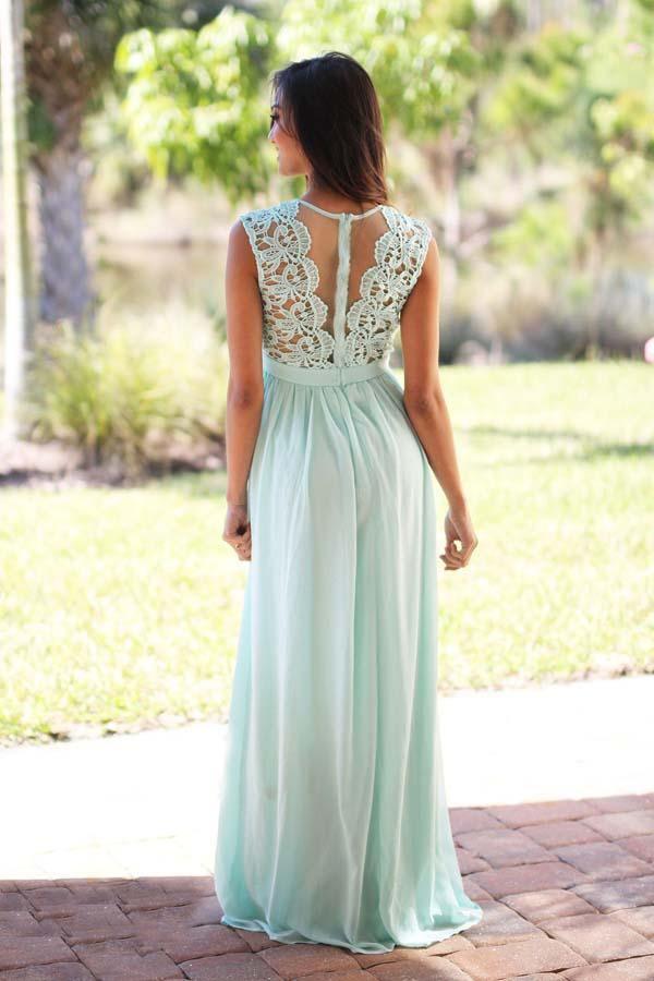 A-Line Crew Floor-Length Mint Chiffon Bridesmaid Dress with Lace BD039 - Tirdress