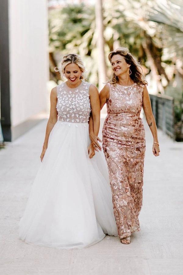 A-Line Crew Floor-Length Simple Wedding Dress with Appliques TN159 - Tirdress