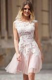 Robe de soirée trapèze mi-longue en tulle avec appliques et dos nu TR0199