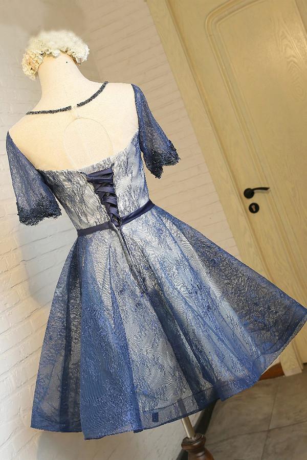 A-Line Crew Knee-Length Short Sleeves Navy Blue Homecoming Dress TR0201 - Tirdress
