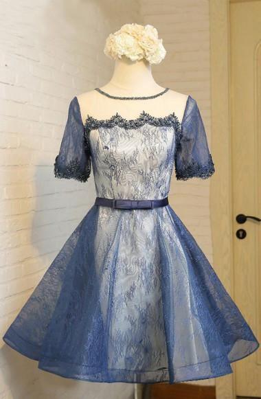 A-Line Crew Knee-Length Short Sleeves Navy Blue Homecoming Dress TR0201 - Tirdress