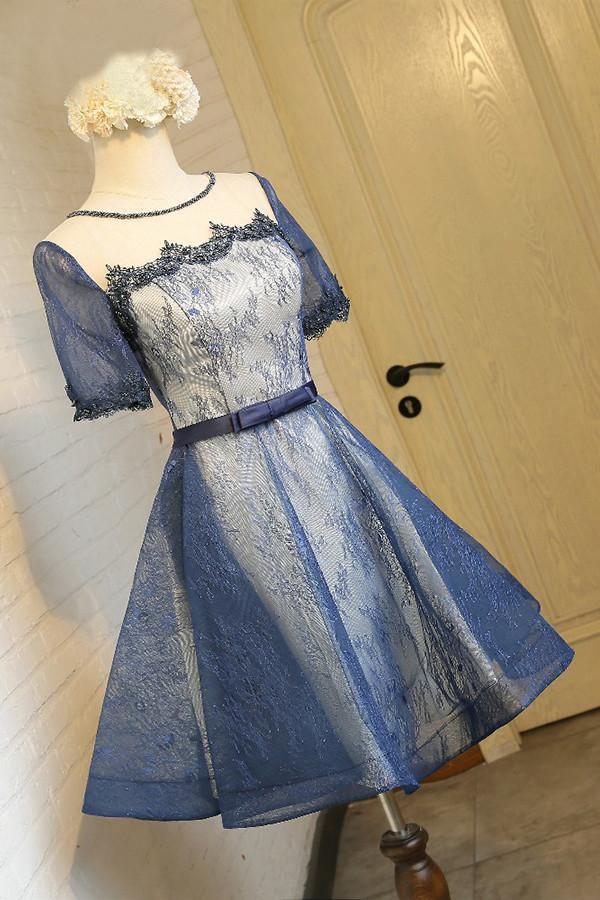 A-Line Crew Knee-Length Short Sleeves Navy Blue Homecoming Dress TR0201 - Tirdress