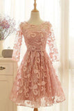 A-Line Crew Knee-Length 3/4 Sleeves Pink Lace Homecoming Dress TR0194 - Tirdress