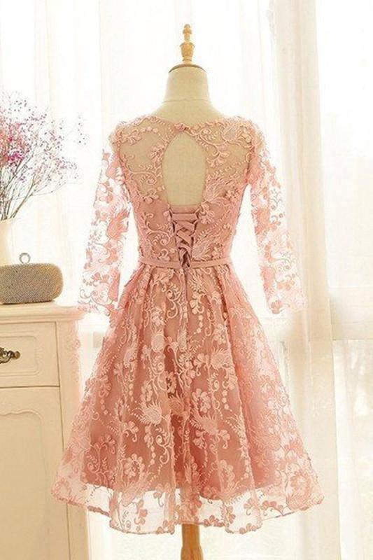 A-Line Crew Knee-Length 3/4 Sleeves Pink Lace Homecoming Dress TR0194 - Tirdress