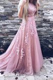 A-Line Crew Sweep Train Pink Tulle Prom Dress With Appliques Sash TP0063 - Tirdress