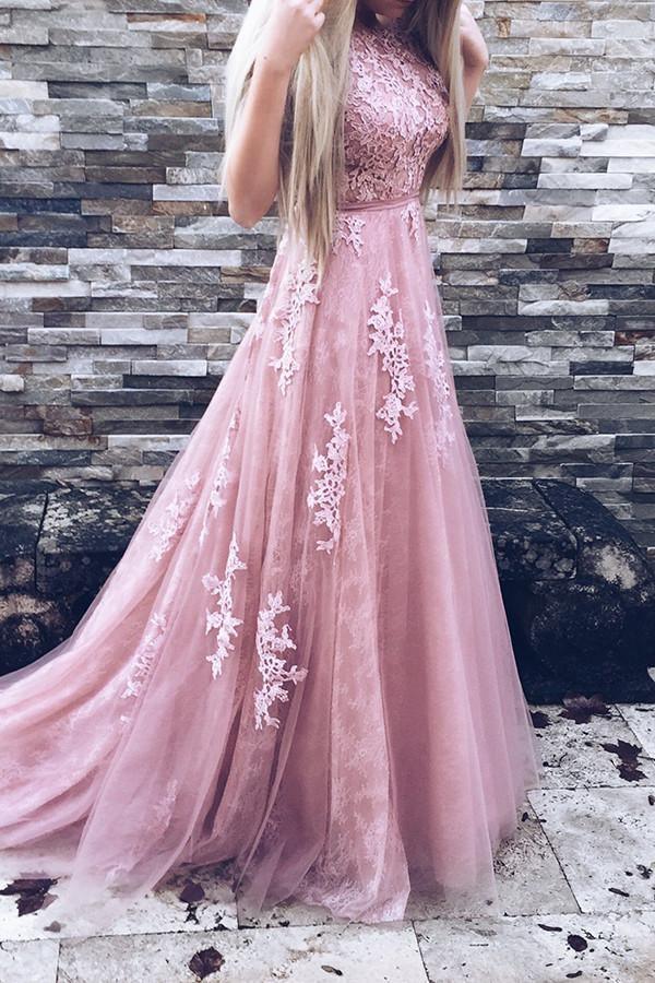 A-Line Crew Sweep Train Pink Tulle Prom Dress With Appliques Sash TP0063 - Tirdress
