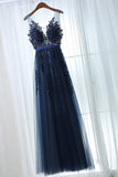 A-Line Deep V-Neck Floor-Length Navy Blue Tulle Prom Dress with Appliques TP0933