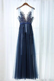 A-Line Deep V-Neck Floor-Length Navy Blue Tulle Prom Dress with Appliques TP0933 - Tirdress