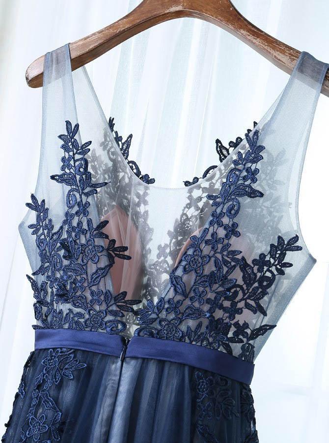 A-Line Deep V-Neck Floor-Length Navy Blue Tulle Prom Dress with Appliques TP0933 - Tirdress