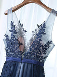 A-Line Deep V-Neck Floor-Length Navy Blue Tulle Prom Dress with Appliques TP0933 - Tirdress