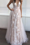 A-Line Deep V-Neck Floor-length Sleeveless Tulle Prom Dress Evening Dress PG403