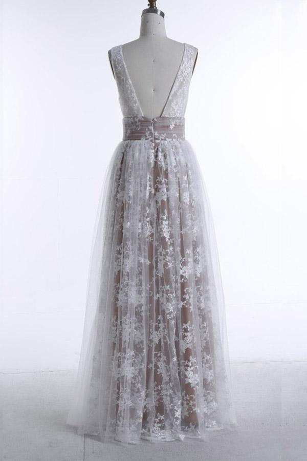A-Line Deep V-Neck Floor-length Sleeveless Tulle Prom Dress Evening Dress PG403 - Tirdress