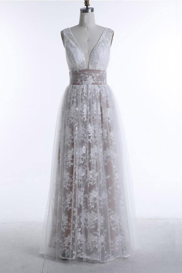 A-Line Deep V-Neck Floor-length Sleeveless Tulle Prom Dress Evening Dress PG403 - Tirdress