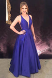 A-ligne Deep V-Neck Royal Blue Satin Robe de bal Robe de soirée PG472