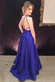 A-Line Deep V-Neck Royal Blue Satin Pleats Prom Dress Evening Dress PG472 - Tirdress