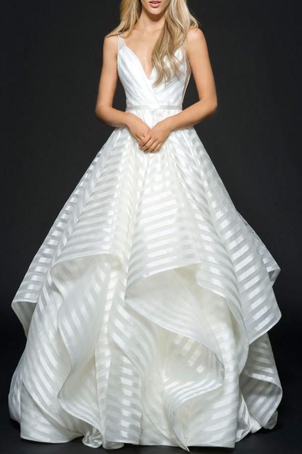 A-Line Deep V-Neck Sleeveless Backless Stripes Organza Wedding Dress TN0092 - Tirdress