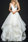 A-Line Deep V-Neck Sleeveless Backless Stripes  Organza Wedding Dress TN0092