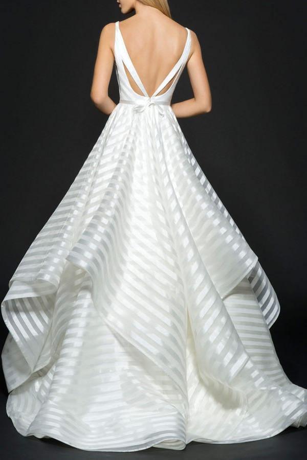 A-Line Deep V-Neck Sleeveless Backless Stripes Organza Wedding Dress TN0092 - Tirdress