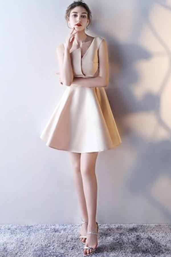 A-Line Deep V-Neck Straps Short Sleeveless Khaki Homecoming Dress TR0190 - Tirdress