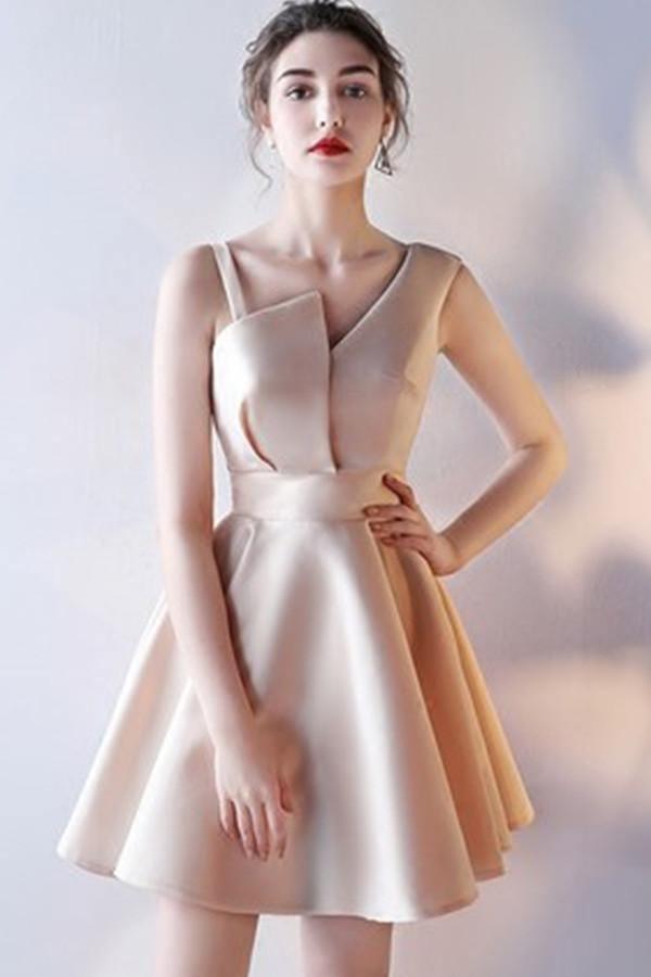 A-Line Deep V-Neck Straps Short Sleeveless Khaki Homecoming Dress TR0190 - Tirdress