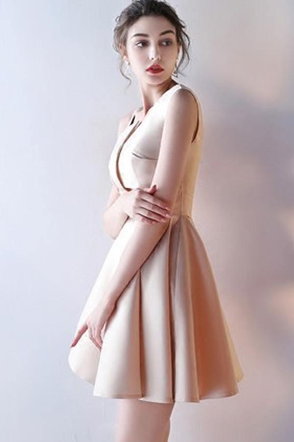 A-Line Deep V-Neck Straps Short Sleeveless Khaki Homecoming Dress TR0190 - Tirdress