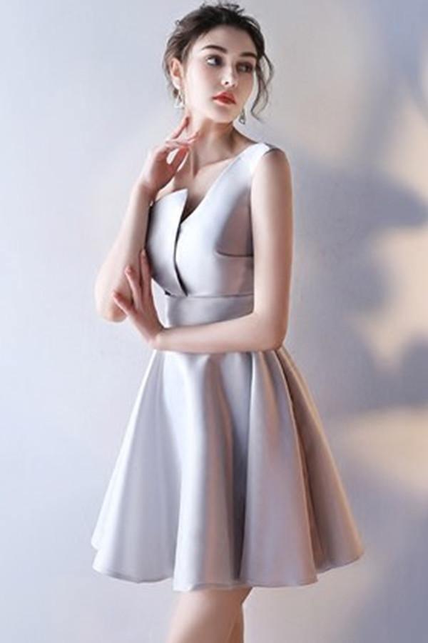 A-Line Deep V-Neck Straps Short Sleeveless Khaki Homecoming Dress TR0190 - Tirdress