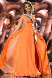 A-Line Deep V-Neck Sweep Train Orange Chiffon Prom Dress With Sash TP0065 - Tirdress